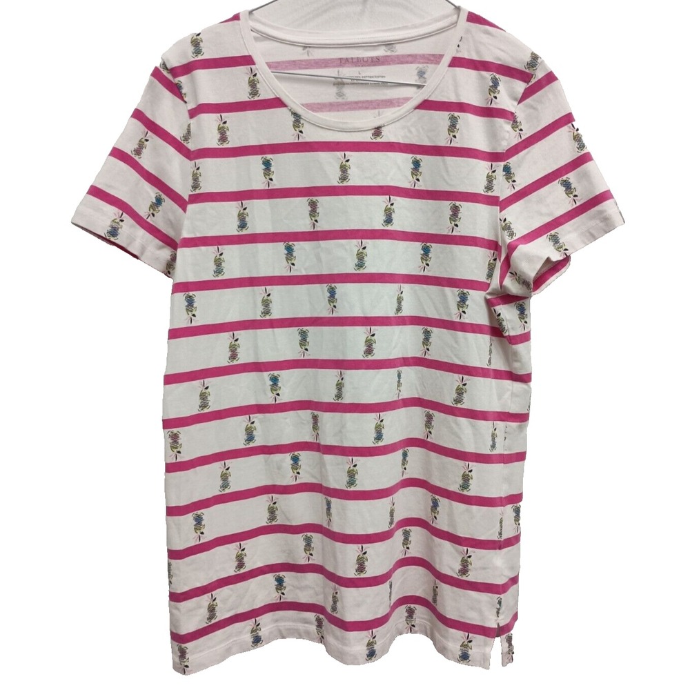 Talbots Pineapple T-Shirt Womens Large Pink White Striped Short Sleeve Beach